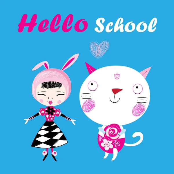 Αστεία Εικονογράφηση Ενός Σχολείου Γεια Ένα Κορίτσι Και Μια Γάτα — Διανυσματικό Αρχείο