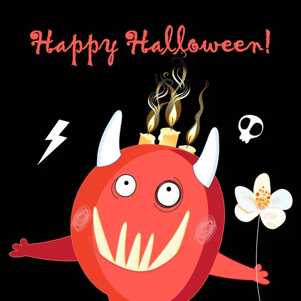 Illustration Halloween Holiday Cheerful Red Monster Dark Background — Stock Vector