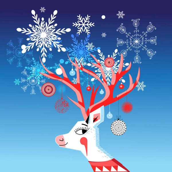 Biglietto di Capodanno vettoriale con un ritratto allegro di un cervo — Vettoriale Stock