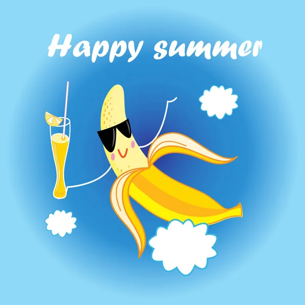 矢量快活黄色香蕉卡通与鸡尾酒在蓝色背景 — 图库矢量图片
