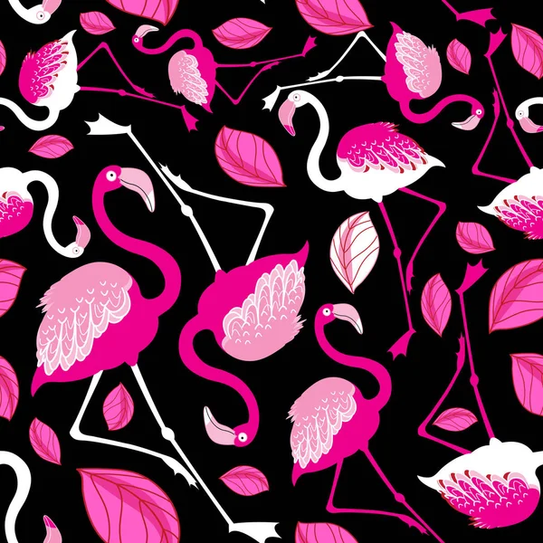 黑色背景上有叶子和粉红色火烈鸟的无缝花卉图案 — 图库矢量图片