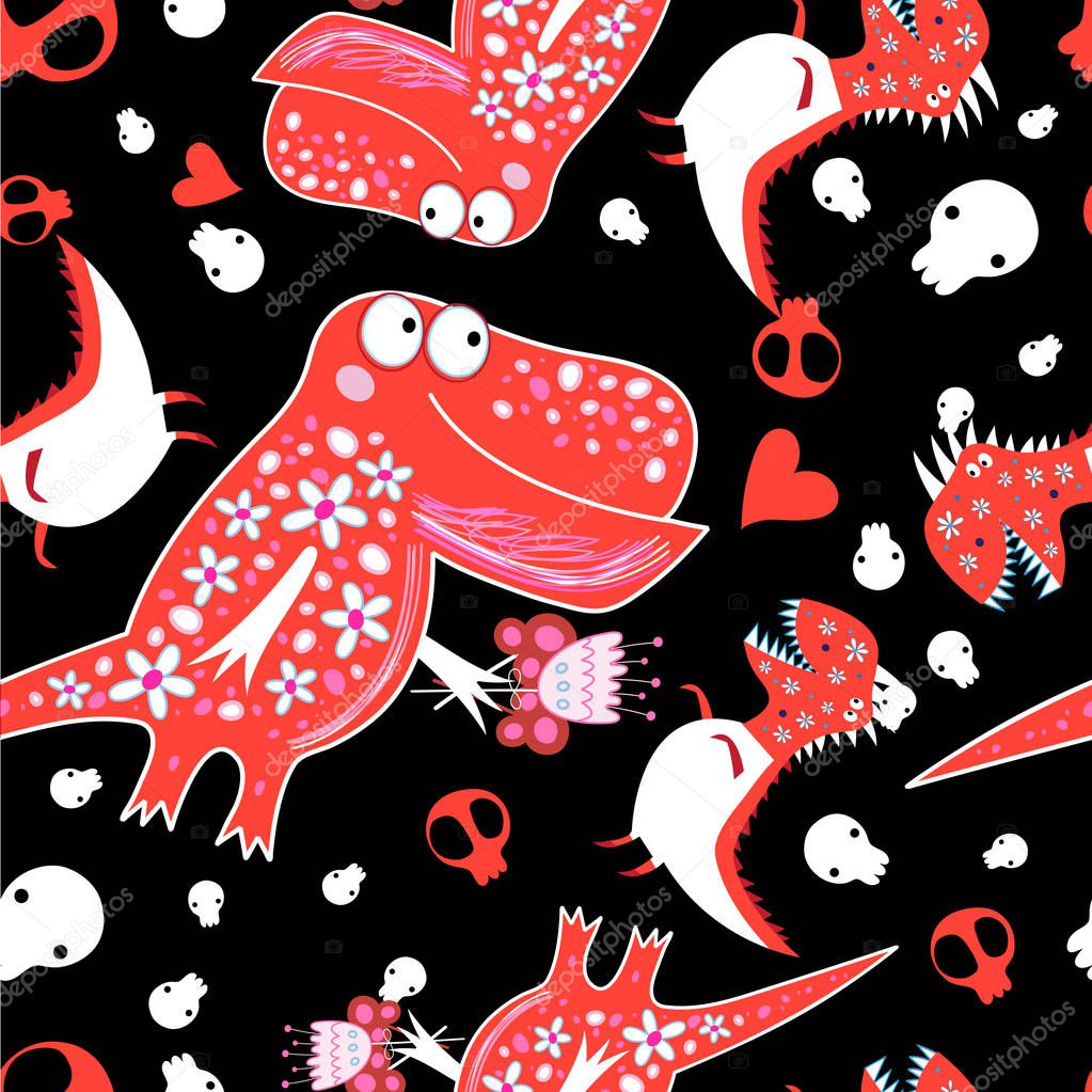 Seamless graphic pattern with enamored dinosaurs on a dark background. Congratulatory cheerful background with dinosaurs for the Day of All Lovers.