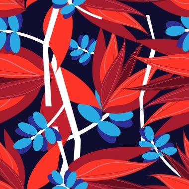 Karanlık bir arka plan üzerinde kırmızı ve mavi yaprakları ile Seamless parlak sonbahar modeli