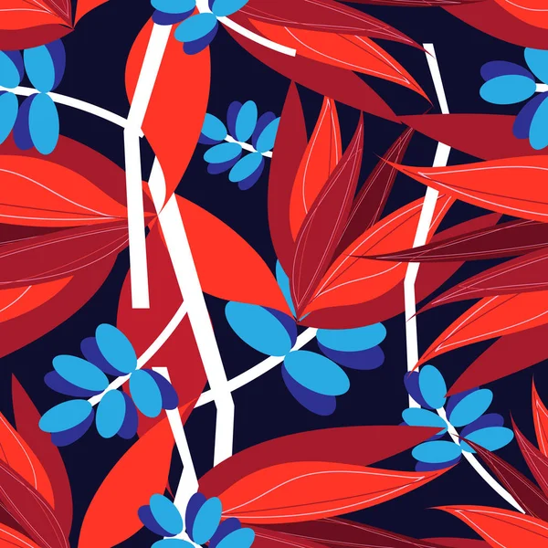 Απρόσκοπτη Φωτεινό Φθινόπωρο Μοτίβο Κόκκινα Και Μπλε Φύλλα Σκούρο Φόντο — Διανυσματικό Αρχείο