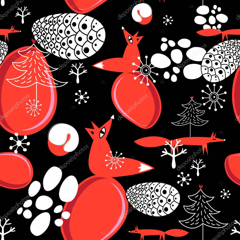 Seamless pattern with red foxes on a dark background. An example for the design of postcards and the web.