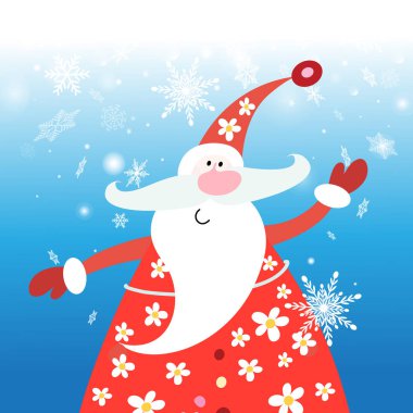 Yeni yıl kartı kar taneleri ile mavi arka plan üzerinde neşeli Noel Baba ile