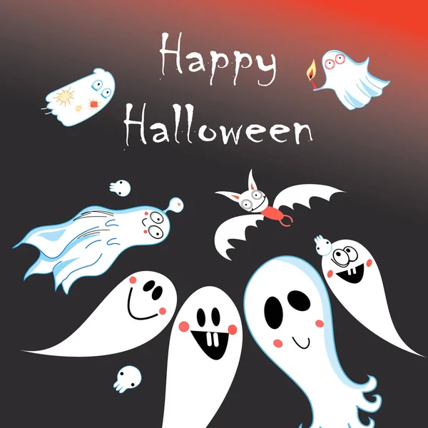 Biglietto Auguri Halloween Con Fantasmi Sfondo Scuro — Vettoriale Stock