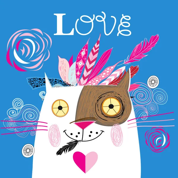 Güzel Aşk Kedi Mavi Zemin Üzerine Kırmızı Kalp Vektör Çizim — Stok Vektör