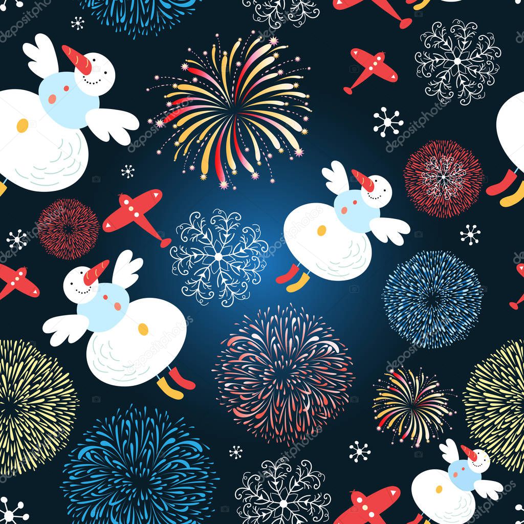 Bright festive Christmas pattern of flying snowmen against a dark background with lights.