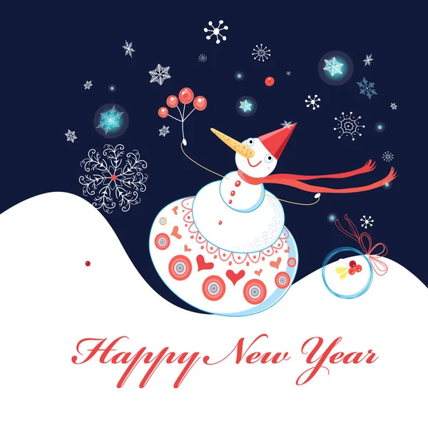 Üdvözlő Karácsonyi Kártya Hóember Sötét Kék Háttérben Hópelyhek — Stock Vector