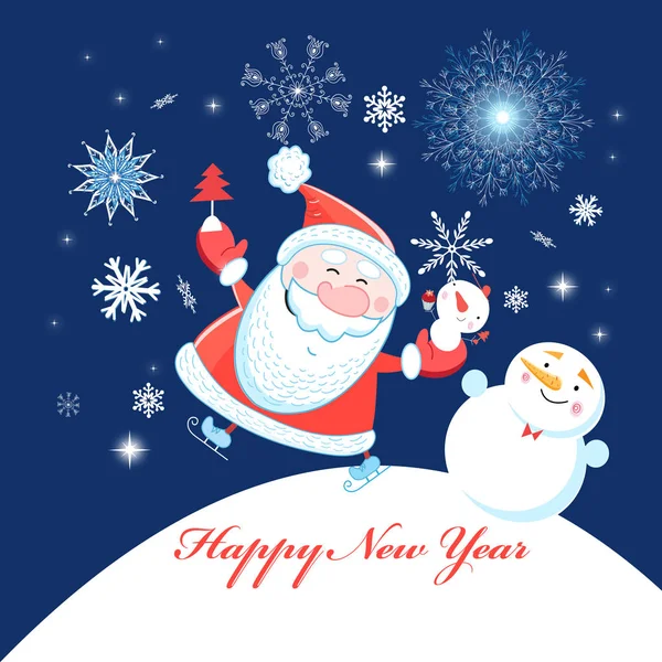 Bright Festive Merry Christmas Greeting Card Santa Claus Blue Background — Stock Vector