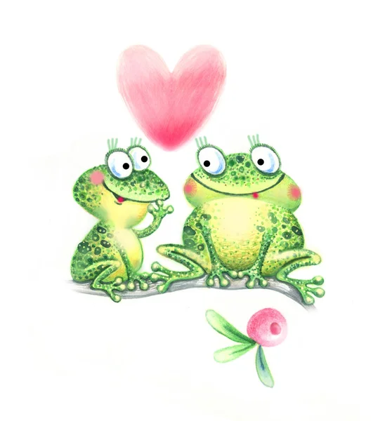 Grenouilles Aquarelle Amour Avec Coeur Sur Fond Blanc — Photo