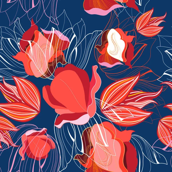 Seamless Bright Pattern Red Tulips Dark Background — Stock Vector