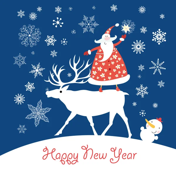 圣诞卡与圣诞老人在鹿和雪人在黑暗的背景与雪花 — 图库矢量图片
