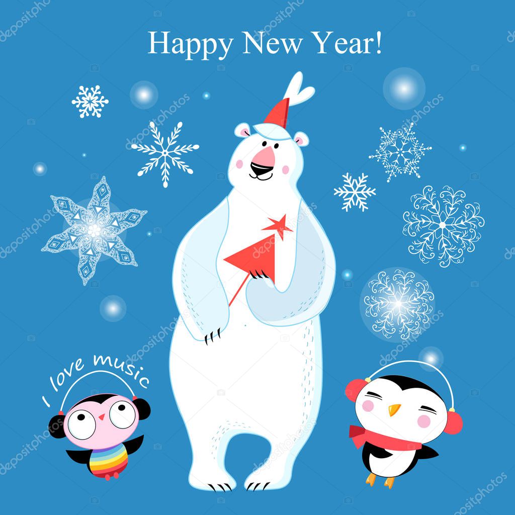 Congratulatory New Year's merry greeting card with a polar bear and penguins on a blue background with snowflakes