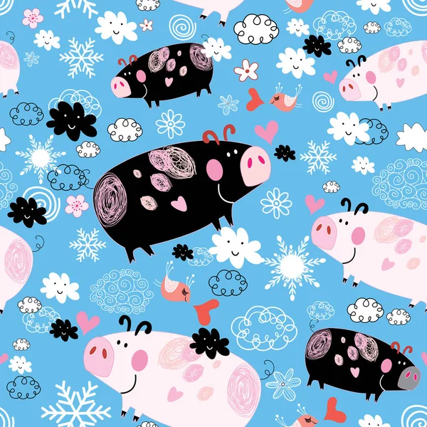 Seamless Festive New Year Pattern Pigs Blue Background Snow Clouds — Stock Vector