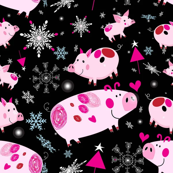 Seamless Festive Christmas Pattern Pink Piglets Dark Background Snowballs Christmas — Stock Vector