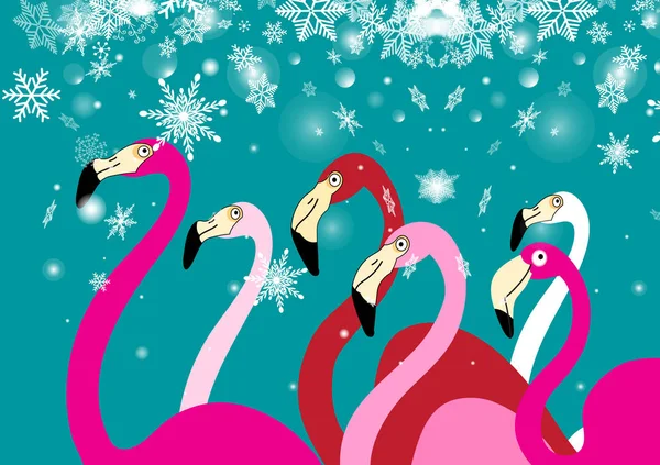 Χριστούγεννα Όμορφο Ασυνήθιστο Κάρτα Ροζ Φλαμίνγκο Χιονισμένο Φόντο — Διανυσματικό Αρχείο