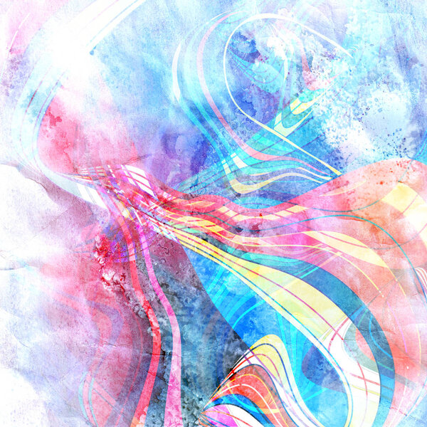 Abstract watercolor bright background with different colorful wave elements