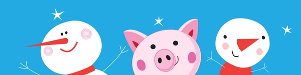 Festive Christmas Banner Pink Vector Funny Pig Snowmen Blue Background — Stock Vector