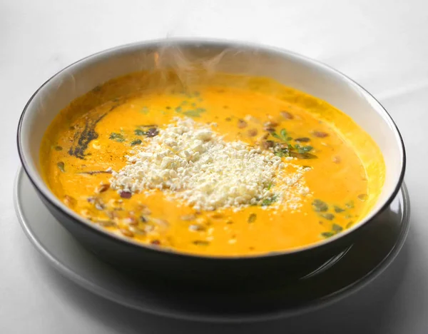 Macro Photo Pumpkin Soup Sour Cream Restaurant — Stock Photo, Image