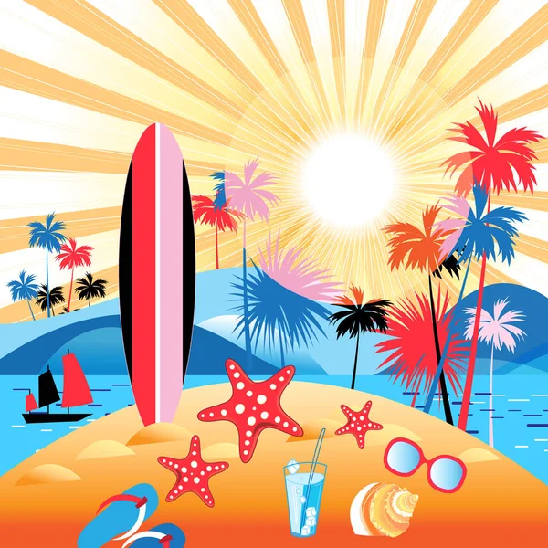 明亮的夏天颜色风景与棕榈树和海滩在一个晴朗的背景 — 图库矢量图片