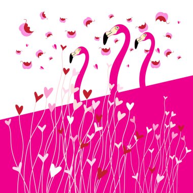 Festive greeting card in love with flamingo birds among hearts on a light background clipart