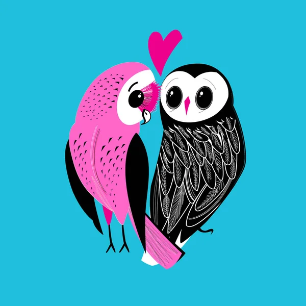 Festive Postcard Big Owls Love Hearts Light Background — Stock Vector