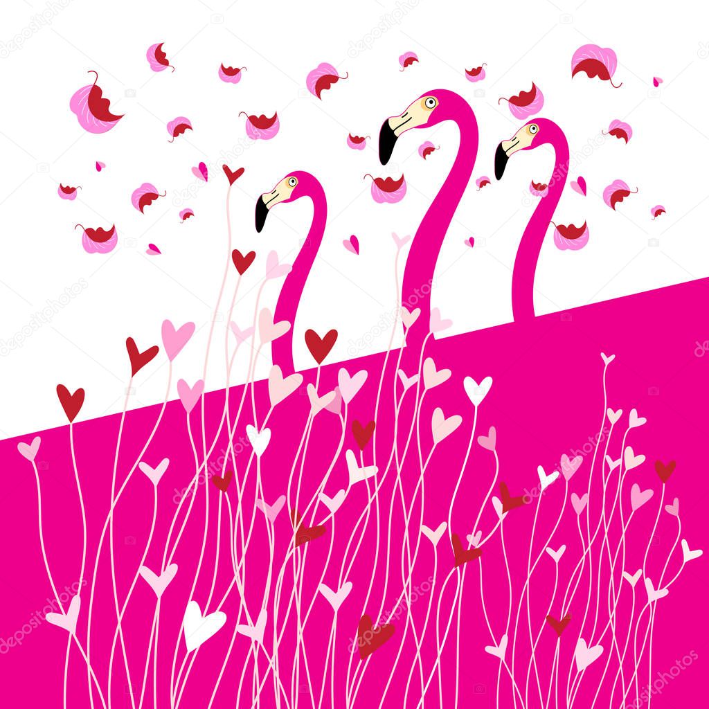 Festive greeting card in love with flamingo birds among hearts on a light background