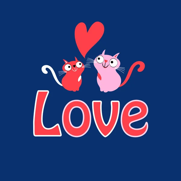 Greeting Card Funny Loving Cats Blue Background Hearts — Stock Vector