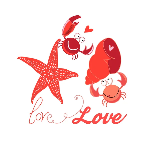 Bright Festive Bright Card Love Funny Crabs White Background — Stock Vector