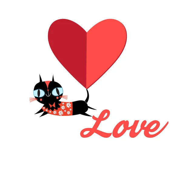 Carino Gatto Vector Shirt Print Love Carte San Valentino — Vettoriale Stock