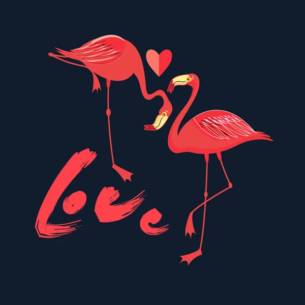Festive Card Love Red Flamingos Heart Dark Background — Stock Vector