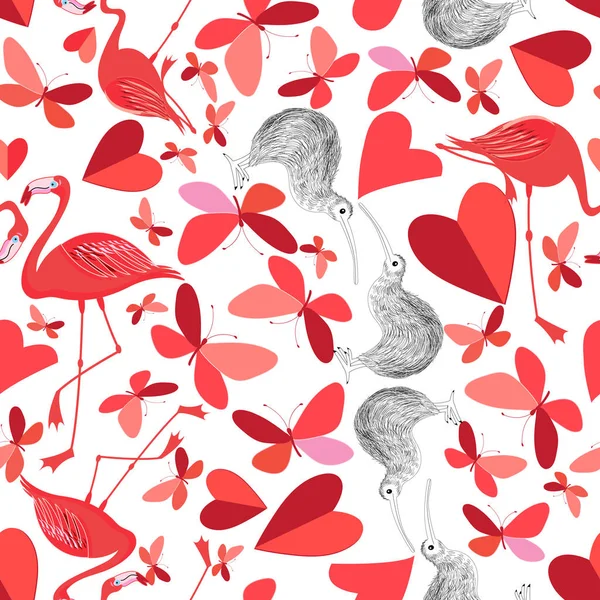 Beautiful holiday pattern for the Day of all lovers with butterflies and flamingos — Stock Vector