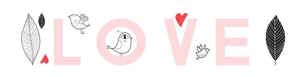 Hermosa Bandera Festiva Con Palabra Amor Pájaros Gráficos Hojas — Vector de stock