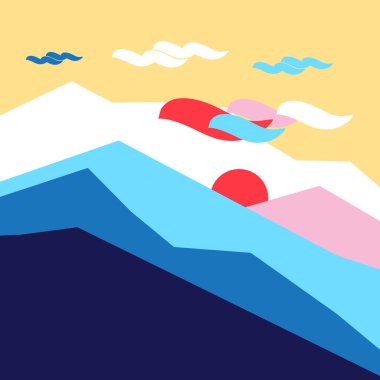 Vector silhouettes dağlar ve güneş manzara renkli. Örnek poster ya da web sitesi tasarımı için.