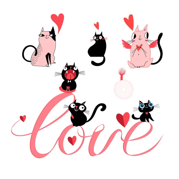 Ensemble Chats Vecteurs Amoureux Inscription Amour Sur Fond Blanc — Image vectorielle