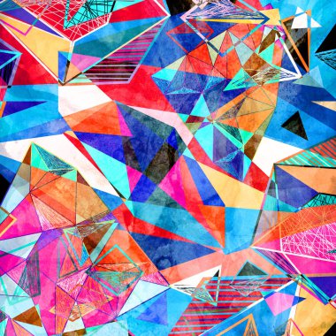 Farklı geometrik renk nesnelerle suluboya arka plan