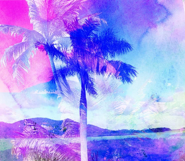 Ilustracja Jasne Kolorowe Tropikalne Palma Niezwykłych Drzew Wyspa Marzeń — Zdjęcie stockowe