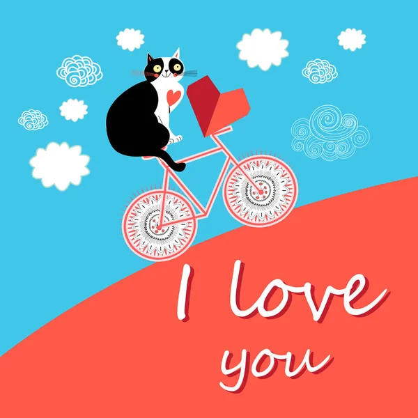 Χρώμα ευχετήρια κάρτα για την ημέρα του Αγίου Βαλεντίνου με μια γάτα στην αγάπη — Διανυσματικό Αρχείο