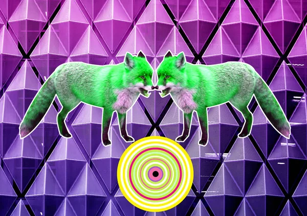 明亮的照片海报与狐狸在抽象几何背景 — 图库照片