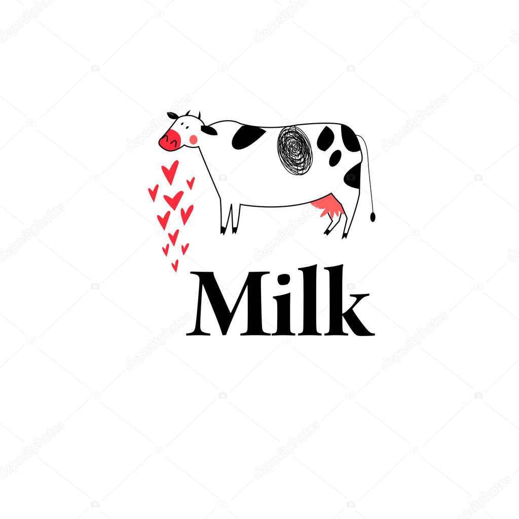 Beautiful vector graphics illustration of a cow and milk on a white background