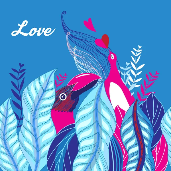 Brillantes pájaros rosados enamorados de corazones sobre un fondo azul — Archivo Imágenes Vectoriales