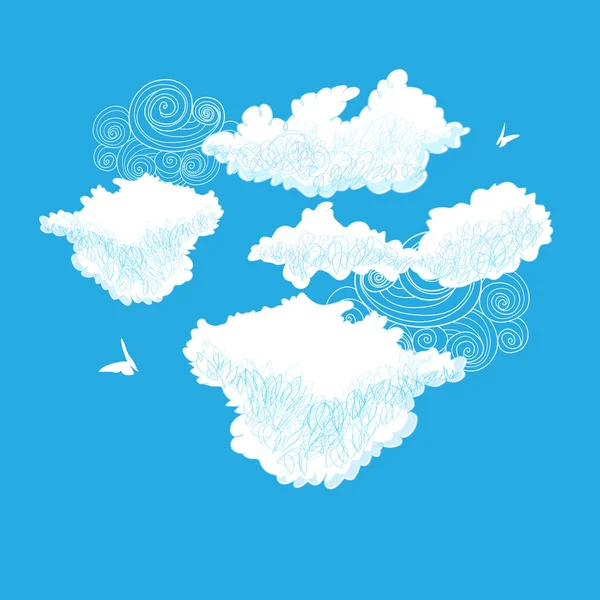 Vector lovely drawings of white clouds on blue background — Stock Vector