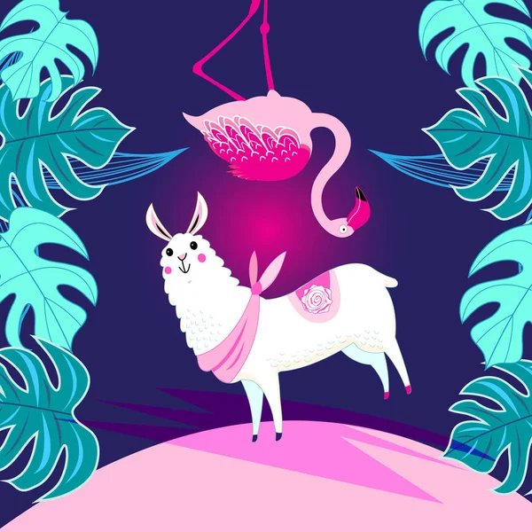 Vektor illustration med djur Alpaca och Flamingo — Stock vektor