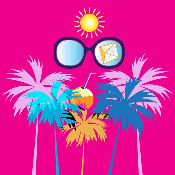 夏季热带背景，带棕榈树和眼镜 — 图库矢量图片
