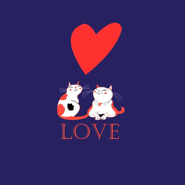 Vector funny love cats with heart — Stock Vector