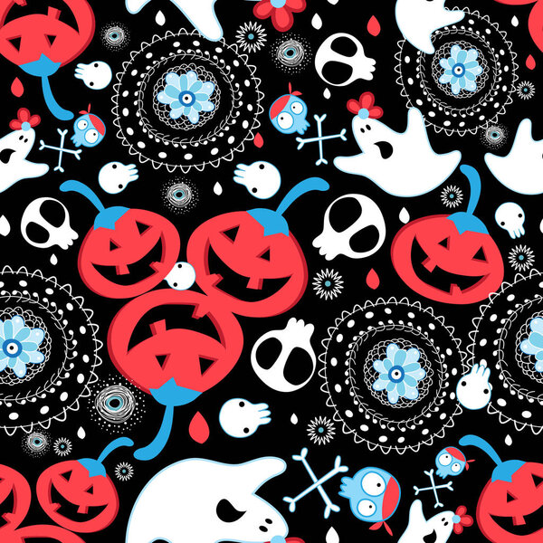 Приветствие вектор бесшовный Хэллоуин рисунок с красными тыквами и черепами
