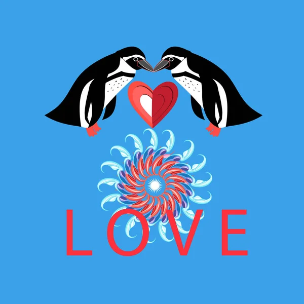 Pingüinos amantes de los vectores con corazón sobre fondo azul — Vector de stock