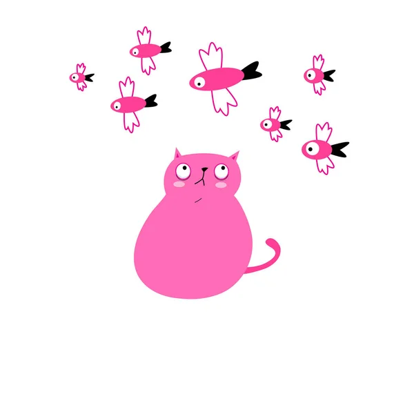 Grande divertido grasa rosa gato con pescado — Vector de stock